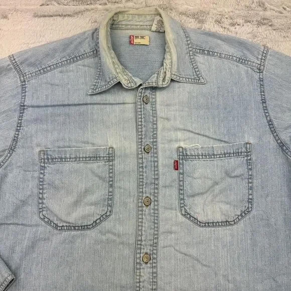 Levi's Shirt Mens Small Blue Denim Rivet Button Long Sleeve Y2K Vintage FLAWS - Picture 2 of 10